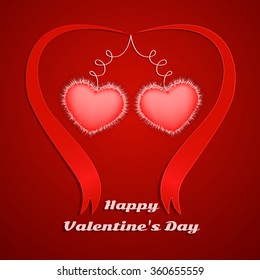 Valentine's day greeting card with abstract couple heart on dark background with ribbons