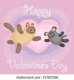 Valentines day greeting card with an amusing cat and mouse. Fun children's background in cartoon style. 