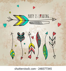 Valentine's Day Greeting Card  with arrows  and other holidays elements. Vector illustration. Set of arrows.  Party Downloading