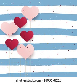 Valentines Day greeting card background with paper cut red and pink hearts. poster with the blue stripe background and confetti, vector illustration