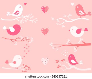 Valentine's day greeting card or background with cute birds and branches in pink colors