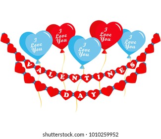 Valentines day greeting card, balloons hearts with lettering - I Love You, garland with greeting inscription, Happy Valentine's day