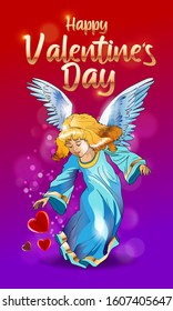 Valentine's day greeting card, banner, poster, flyer template. Angel girl with red hair and violet dress and abstract hearts. Red background. Vector illustration