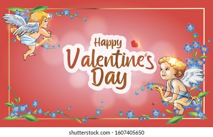 Valentine's day greeting card, banner, poster, flyer template. Cupids with white hair and a golden bow. Pink background. Vector illustration