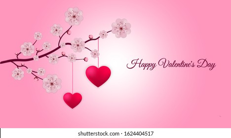Valentine's day greeting card, banner, poster. Realistic vector illustration with sakura branch and 2 pink hearts hanging from a tree on an isolated background