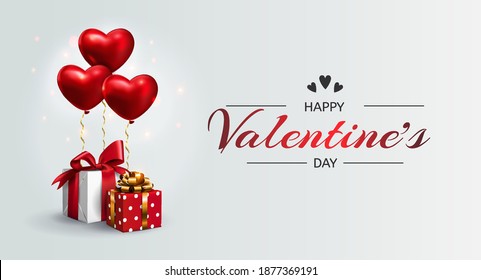 Valentine's day greeting card or banner. Template with gift boxes and heart-shaped balloons simulating love. A wrapped present with a gold and red ribbon tied in a bow. Light festive background