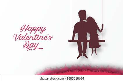 valentine's day greeting card banner with romantic couple swing silhouette paper cut style background
