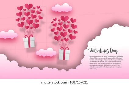 Valentine's day greeting card banner template with flying love heart pink balloon paper cut style