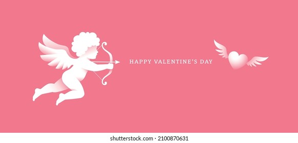 Valentine's Day greeting card or banner design with cupid illustration and flying heart. Love symbol.