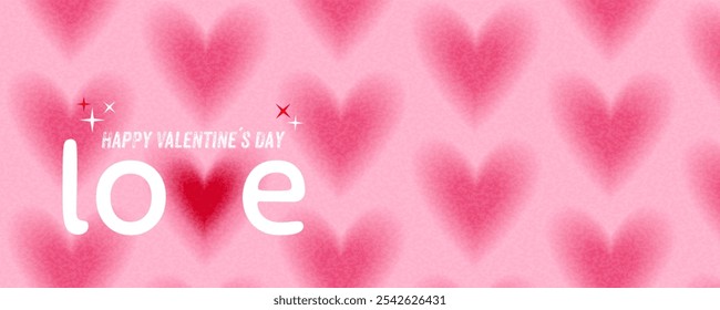 Tarjeta de felicitación del día de San Valentín o Anuncio con la palabra amor reemplazando la letra v con un corazón rojo en un patrón de corazones en color rosa. Efecto granulado añadido. Copiar espacio