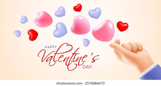 Valentine's day greeting card, banner template with lettering, 3D realistic hand gesture love, flying pink, violet and red hearts, Korean finger heart sign on beige background. Vector illustration