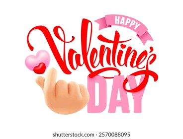 Valentine's day greeting card, banner template with lettering, hand gesture love with pink and red hearts, Korean finger heart sign. 3D realistic, Isolated on white background. Vector illustration