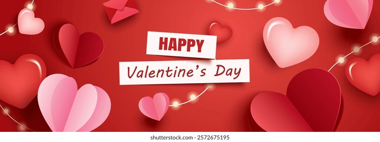 Valentines day greeting card banner template with heart and text on red background.