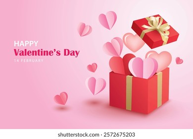 Valentines day greeting card banner template with heart and text on pink background.