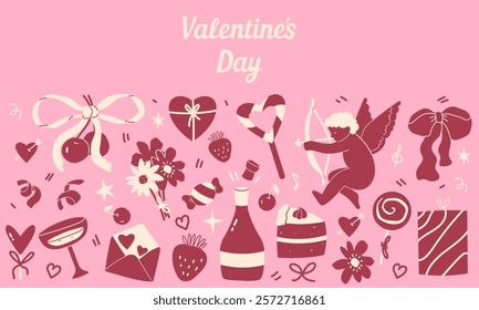 Valentine's Day greeting card, banner, poster template with hand drawn romantic elements. Vector illustration