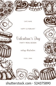 Valentine's day greeting card, banner or flyer template. Sketched food and drinks illustration. Hand drawn Cafe menu, advertisement. Vector background.