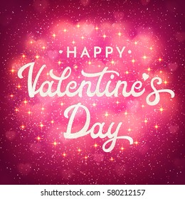 Valentines Day Greeting Card Or Banner With Shiny Bokeh Blurred Hearts, Glittering Confetti And Sparkles. Romantic Poster With Hand Lettering Text On Pink Glitter Background. Font Vector Illustration.