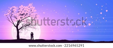 Valentines Day greeting card, banner. Romantic illustration of lovers dating under the moonlight. Place for text. Happy Valentine's day sale header or voucher template with hearts