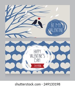 valentines day greeting card, banners with hearts and birds couple, vector illustration
