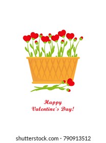 Valentines day greeting card, basket with flowers hearts and greeting inscription, Happy Valentine's Day