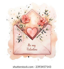 Valentine's Day greeting card. Be my `Valentine love letter with watercolour roses