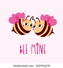 Valentine's Day greeting card with bees in love and "Bee mine" lettering