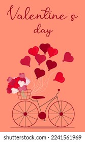 Valentine's Day greeting card with bicycle, balloons and flowers. Cute vector illustration in flat style with letters