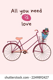 Valentine's Day greeting card with a bicycle and a bouquet of flowers. Vector illustration