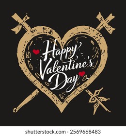 Valentine's day greeting card. Big gold heart with inscription "Happy Valentine's day" and cross swords.