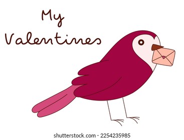 Valentine's Day greeting card with bird and hearts. Vector illustration.