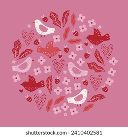 Valentine's Day greeting card with birds, hearts, flowers, leaves, strawberries on pink background. Circle ornament. Perfect for seasonal holidays and decorations. Vector illustration