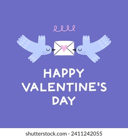 Valentine's Day greeting card with birds and letter. Vector illustration