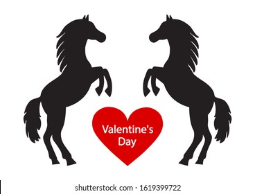Valentine's Day greeting card. Black couple hourses with red heart. Vector illustration