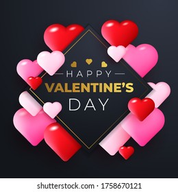 Valentine's Day greeting card with a black background. Festive banners and posters.