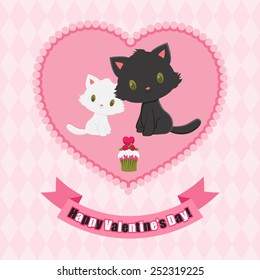 Valentine's Day greeting card. Black and white kittens in love.