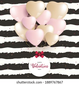 Valentines Day greeting card with a bouquet of balloons. Black striped background, Happy Valentines day text on the card. vector illustration
