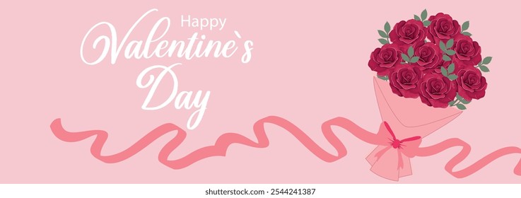 Valentines Day greeting card with bouquet of red roses and flowing ribbon on a soft pink background. Trendy Valentines Day greeting card. Festive banner, sale poster, social media or template