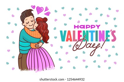 Valentine's day greeting card with boy and girl hugging in love on a white background with hearts in vector graphic illustrations