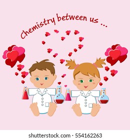 Valentine's Day greeting card with boy and girl holing flasks with love potions, hearts, and text "Chemistry between us". Chemistry of love concept. Cartoon vector illustration over pink. 