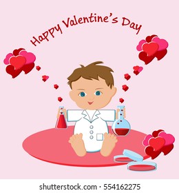 Valentine's Day greeting card with boy  holing flasks with love potions, hearts, and text "Happy Valentines day". Chemistry of love concept. Cartoon vector illustration over pink. 