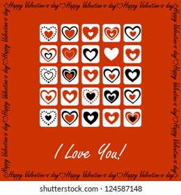 Valentine's Day Greeting Card with Bricks of Hearts on Red Background, Vector Version