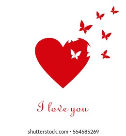 Valentine's day greeting card. Butterflies fly from red heart on  white background. Inscription I love you. Vector illustration.