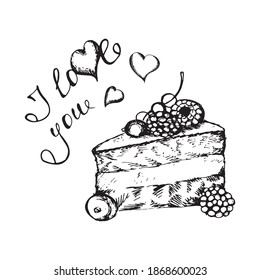 Valentine's day greeting card. Cake on a white background. Hand drawn