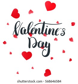 Valentines Day greeting card with calligraphy lettering and hearts.