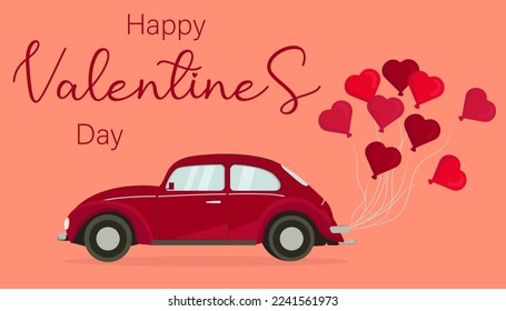 Valentine's Day greeting card with car and balloons. Cute vector illustration in flat style.