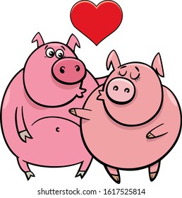 Valentines Day Greeting Card Cartoon Illustration with Pig Characters in Love