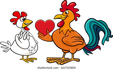 Valentines Day Greeting Card Cartoon Illustration with Hen and Rooster Characters in Love