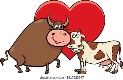 Valentines Day Greeting Card Cartoon Illustration with Cow and Bull Characters in Love