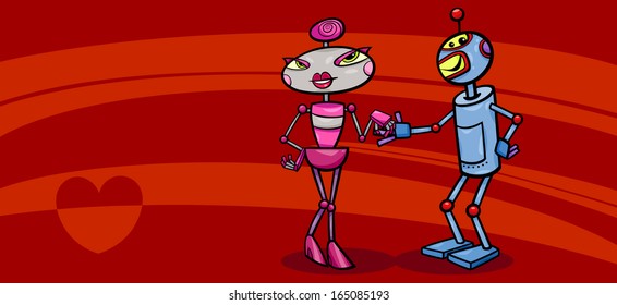 Valentines Day Greeting Card Cartoon Vector Illustration of Funny Robots Couple in Love