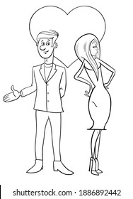 Valentines Day greeting card cartoon illustration with woman and man couple characters in love